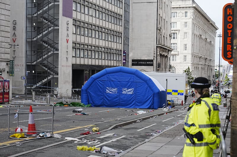 An inflatable field tent at the scene in Water Street near the Liver Building in Liverpool after a 53-year-old white British man was arrested when a car ploughed into a crowd of people during Liverpool FC's Premier League victory parade. Picture date: Tuesday May 27, 2025. PA Photo. See PA story POLICE Liverpool. Photo credit should read: Peter Byrne/PA Wire