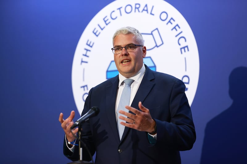 DUP leader Gavin Robinson gives a speech after retaining his seat in the East Belfast constituency, at the Titanic Exhibition Centre in Belfast on Friday. Photograph: Liam McBurney/PA Wire