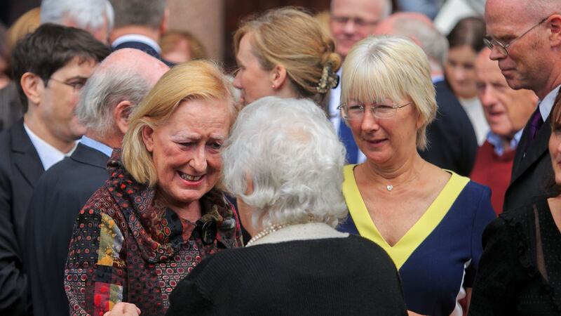 Former editor of  The Irish Times and PD TD Geraldine Kennedy and former Fianna Fáil TD Mary Hanafin greet  Martin O’Donoghue’s widow Evelyn during the funeral Mass. Photograph: Gareth Chaney/Collins