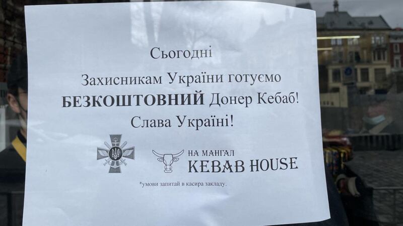 A restaurant in Lviv offers free kebabs to soldiers and members of the volunteer territorial defence force.