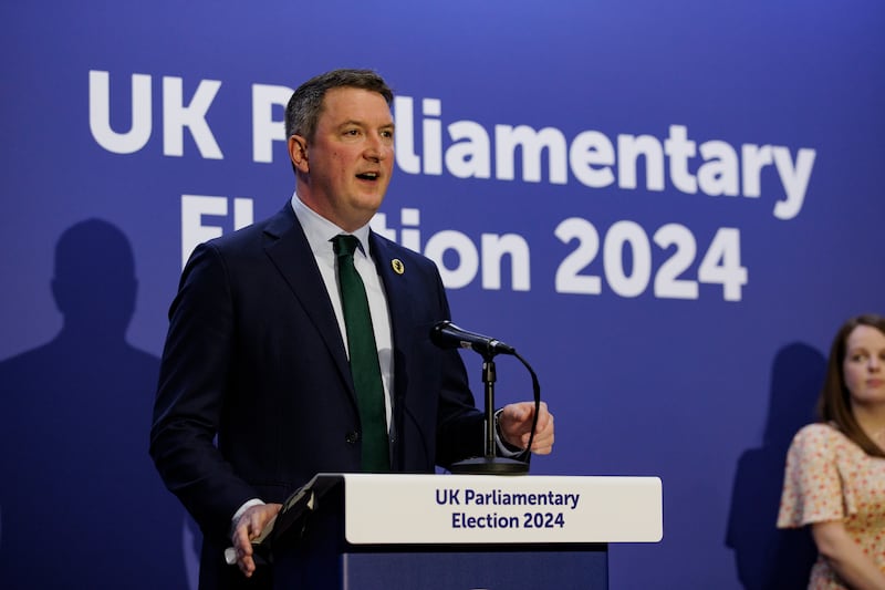 Sinn Féin's John Finucane speaks after he retained his seat in Belfast North. Photograph: Liam McBurney PA
