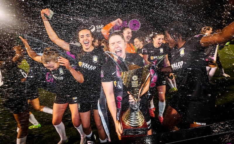 Athlone’s Laurie Ryan lifts the SSE Airtricity Premier Division trophy. Photograph: Ryan Byrne/Inpho