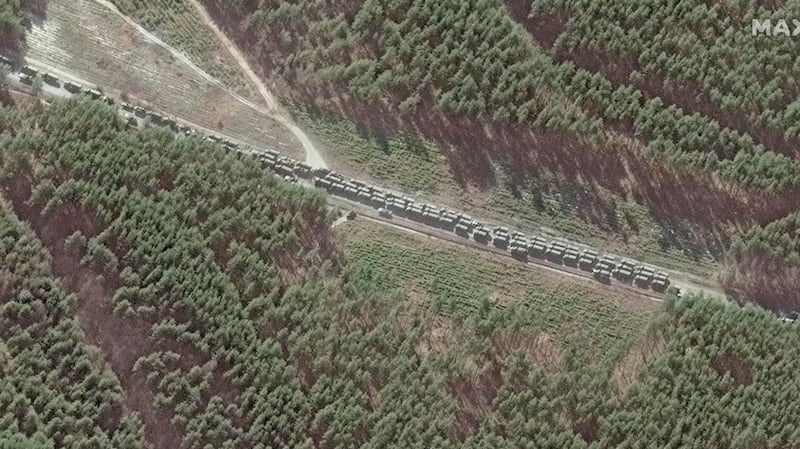 A satellite image shows the northern end of a massive Russian convoy at the southeast of Ivankiv, northwest of Kyiv, Ukraine, on Monday. Satellite photograph: Maxar Technologies/AP