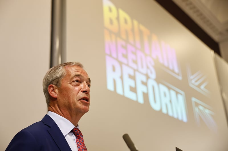 Reform UK leader Nigel Farage attends a press conference in Westminster on Friday. Photograph: Tolga Akmen/EPA