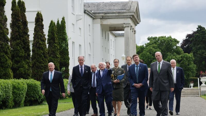 US congressman Richard Neal (second left) with President Michael D Higgins and other members of the US congressional delegation at Áras an Uachtaráin today. Photograph:  Maxwells