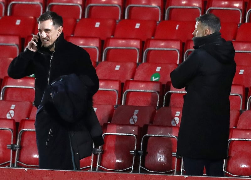 Gary Neville and Ryan Giggs at Salford City's stadium in February 2021. Photograph: Naomi Baker/Getty Images